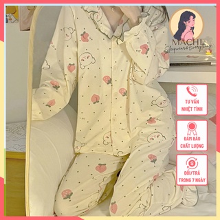 Đồ bộ mặc nhà - Pijama ngủ vải thun tay dài cổ bèo họa tiết trái dâu dễ thương cute tiểu thư [ ORDER]