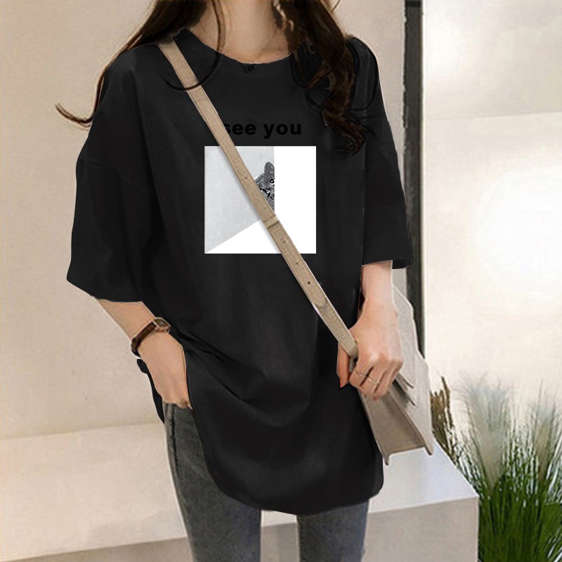 NRVP Áo thun nữ tay ngắn dáng rộng cổ tròn in hình hài hước thời trang mùa hè