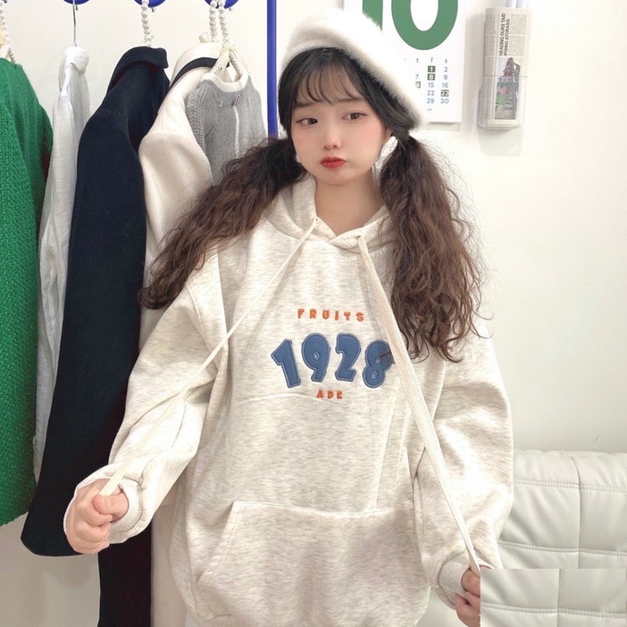 Áo Hoodie Nỉ Ngoại Màu Xám Thêu Số 1928 Mũ 2 Lớp Dáng Rộng
