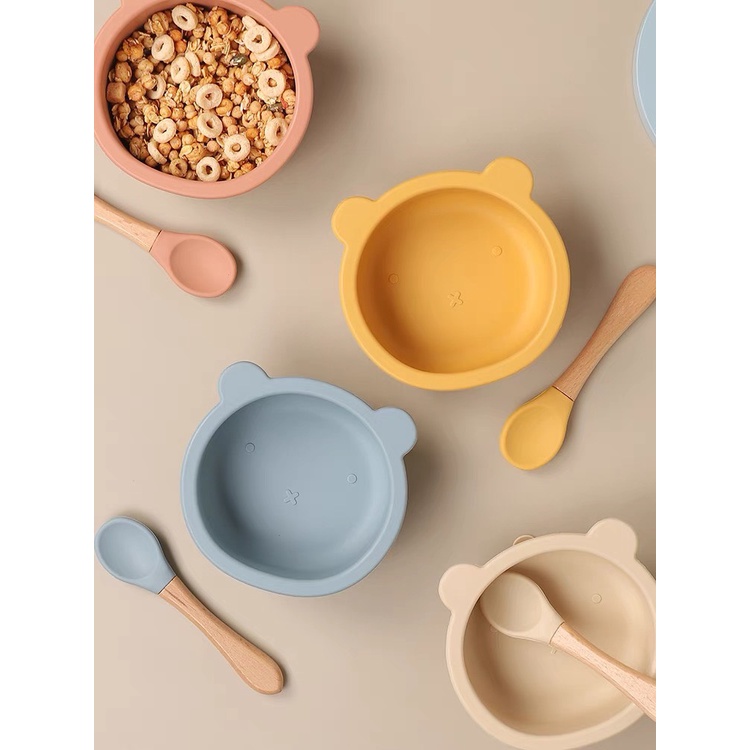 Khay và bát ăn dặm silicone hình gấu có đế trống trượt