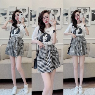S565 Set đồ đi dao trẻ trung thiết kế gồm 1 áo phông in trắng đen phối quần giả váy caro xếp nơ cá tính