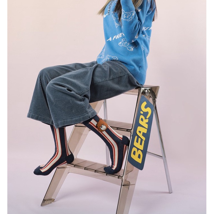 Vớ WAFNHA D17 cổ cao dày in họa tiết gấu hoạt hình đáng yêu thời trang unisex