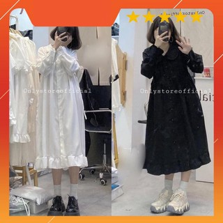 Váy babydoll dáng dài có cổ tay viền 2 màu đen/trắng dễ thương nguyễn hoa