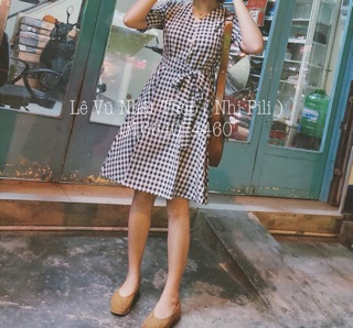 Đầm caro nơ eo