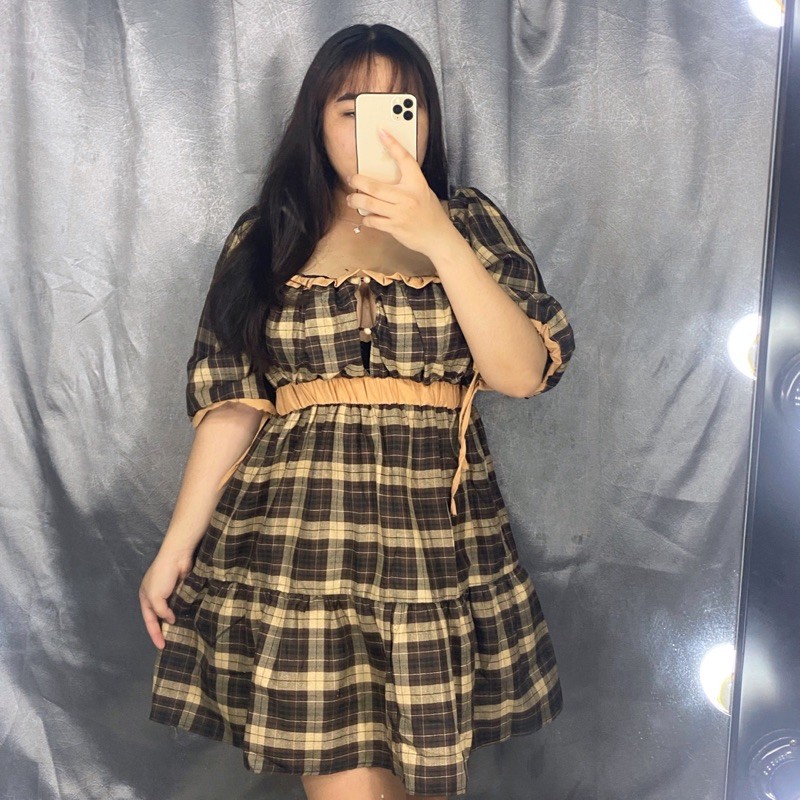 BIGSIZETIX Đầm caro tay bí siêu xinh 50-90kg hình mẫu thật 100%