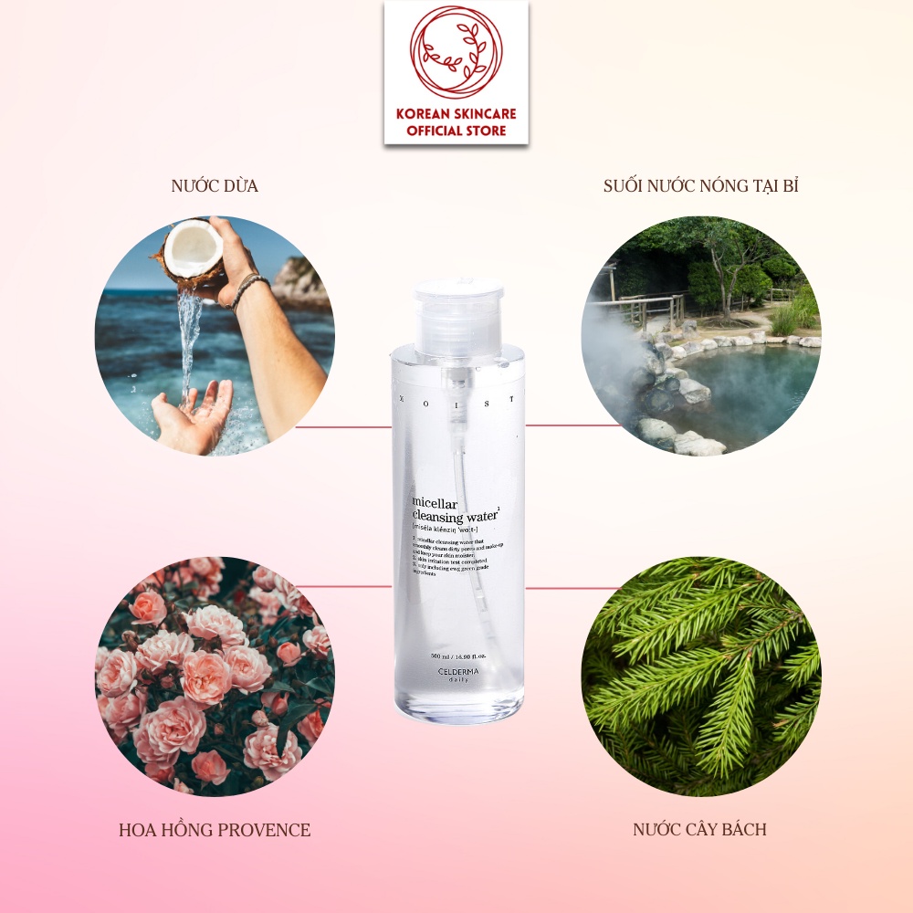 Nước tẩy trang Celderma Micellar Cleansing Water 500ml làm sạch sâu phù hợp với mọi loại da