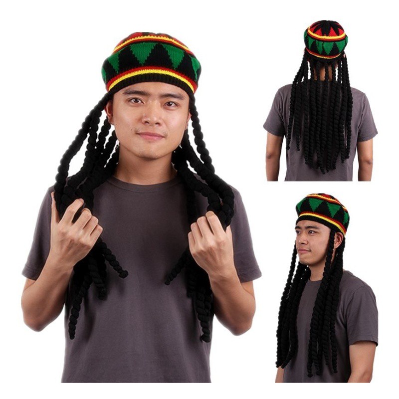 Nón beret gắn các sợi tóc bện đuôi sam phong cách Jamaican