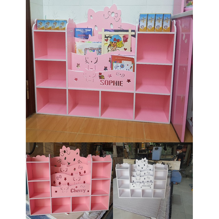 Kệ sách hình Hello Kitty có 8 ngăn đựng đồ đa năng size bé khắc tên bé free