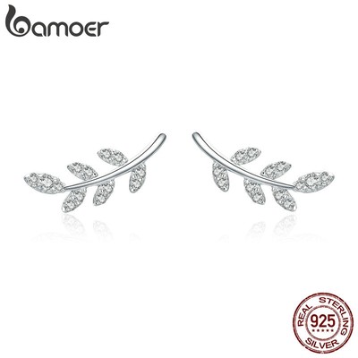 Bamoer Bông Tai bạc 925 Hình Chiếc Lá Đính Đá zircon Thời Trang Cho Nữ bse031