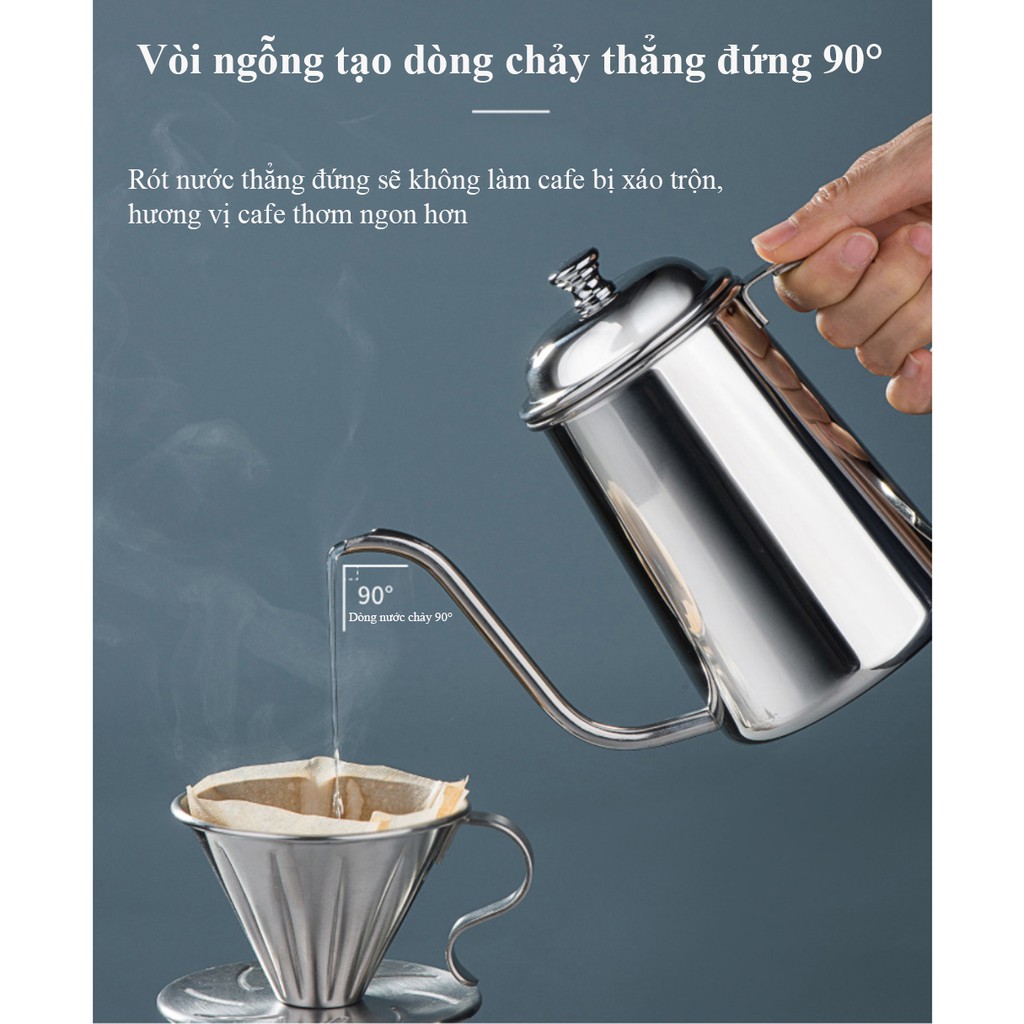 Ấm pha cafe pha trà vòi ngỗng có nắp 650ml Inox 304 cao cấp AnShin