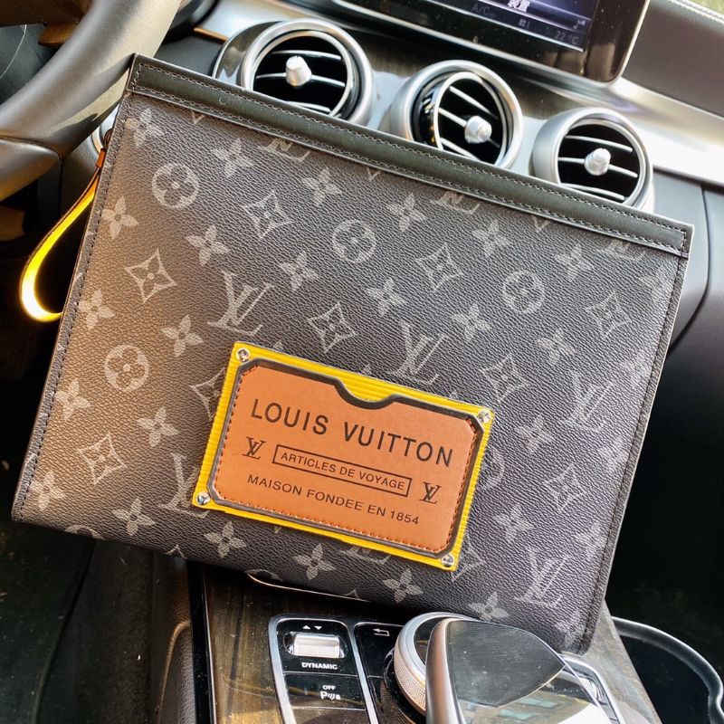 clutch cầm tay nam nữ da thật họa tiết dập logo da LV