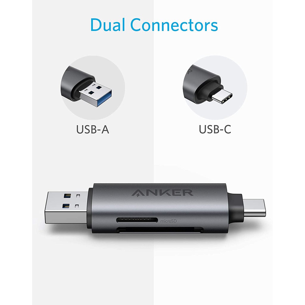Đầu Đọc Thẻ 2in1 Anker Type C và USB 3.0 A8326, Hỗ Trợ SD Card và TF