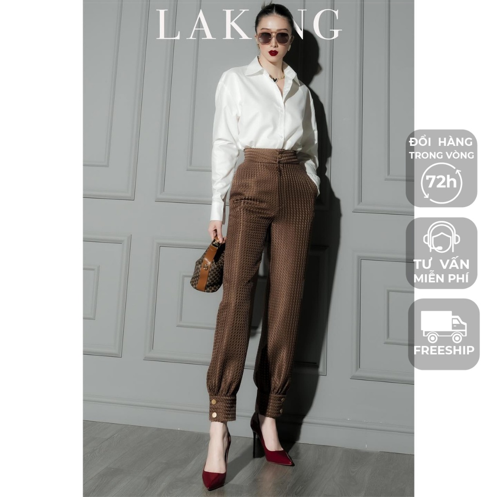 Quần dài nữ bo lai khuy cài màu nâu, chất vải bố mềm LAKING HOUSE