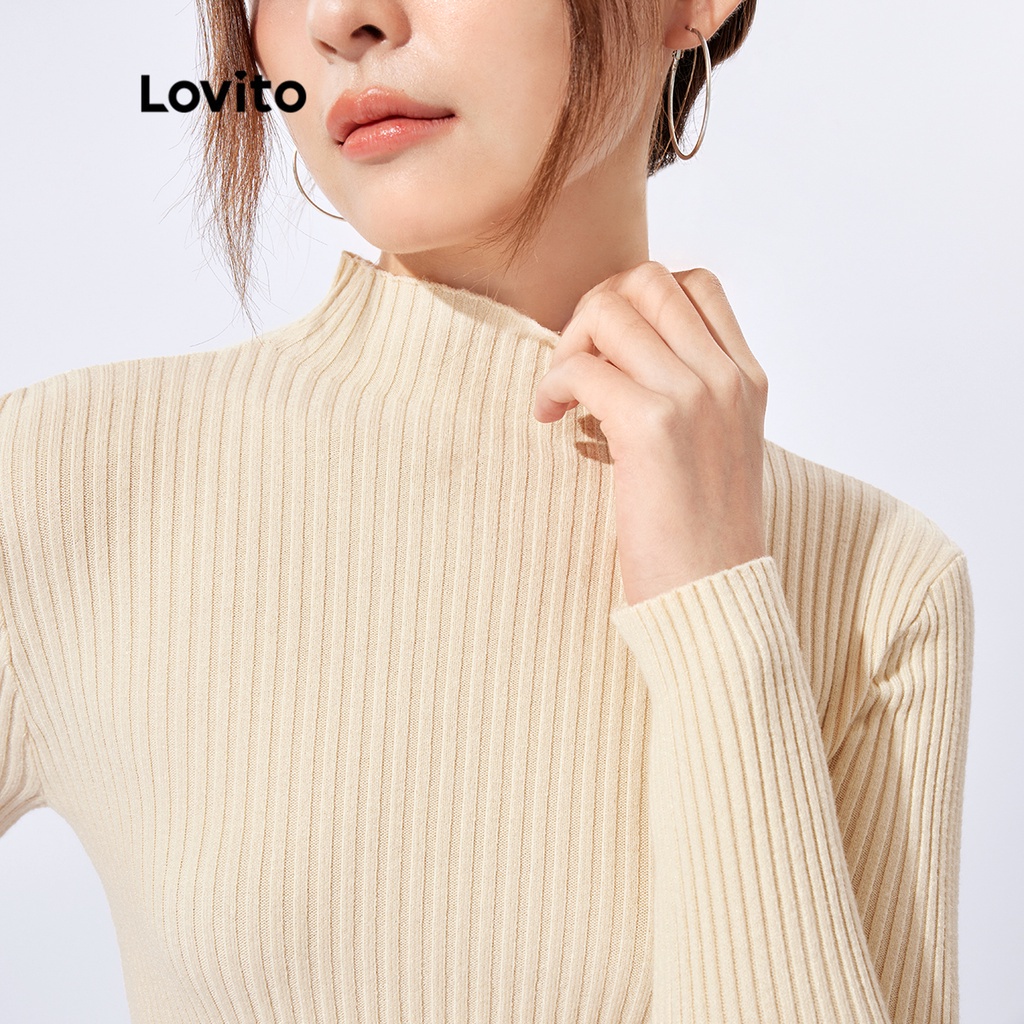 Áo sweater Lovito dệt kim thoáng khí mềm mịn cổ cao tay dài màu trơn phong cách thường ngày L32FW077 (màu mơ)
