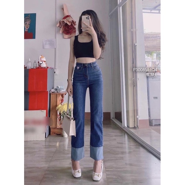 Quần jean dài lai lật cao màu thêu trái tim túi TT3008