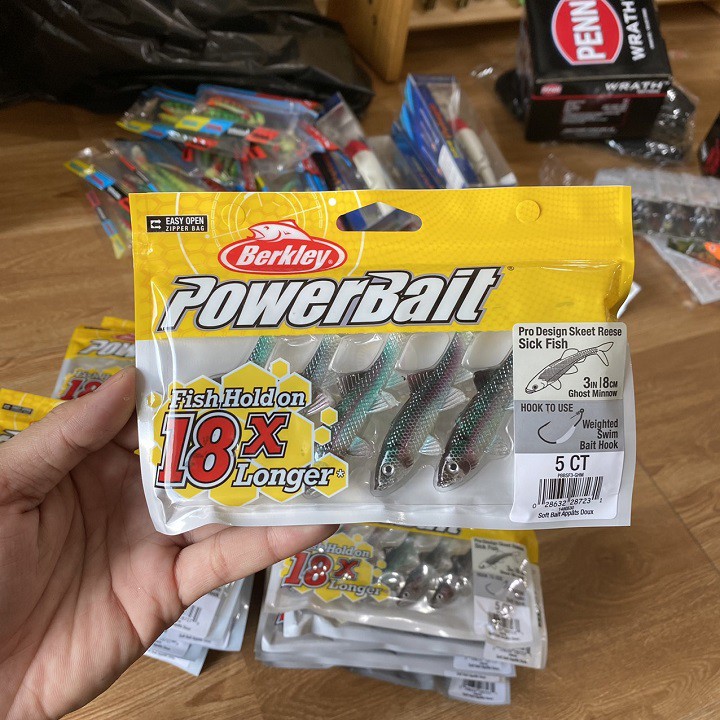 Bộ 5 mồi mềm câu cá PowerBait + 4 lưỡi NFF cực bén, cá giả câu lóc đồng lóc bông ao hồ dịch vụ siêu nhạy