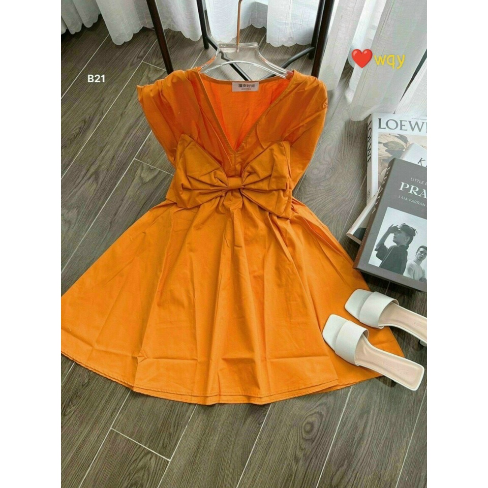 Đầm váy xoè thời trang nữ chất siu cao cấp cổ v tay ngắn có nơ to trước ngực