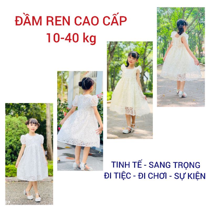 Đầm váy trắng ren thêu bé gái tiểu thư cao cấp haivanco 10 đến 40 kg dễ thương mềm mại thoáng mát đi học đi chơi đẹp