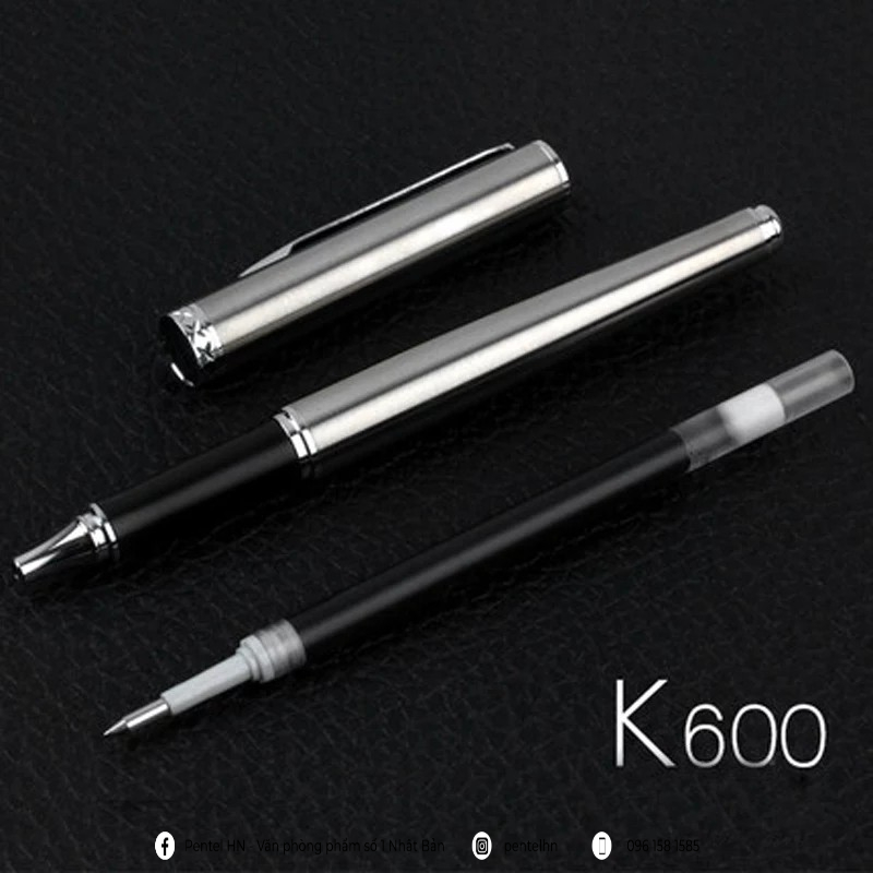 Bút Ký Pentel Cao Cấp K600 Ngòi 0.7mm Mực Xanh | Vò Màu Bạc|Có Ngòi Thay Thế | Mực Mau Khô