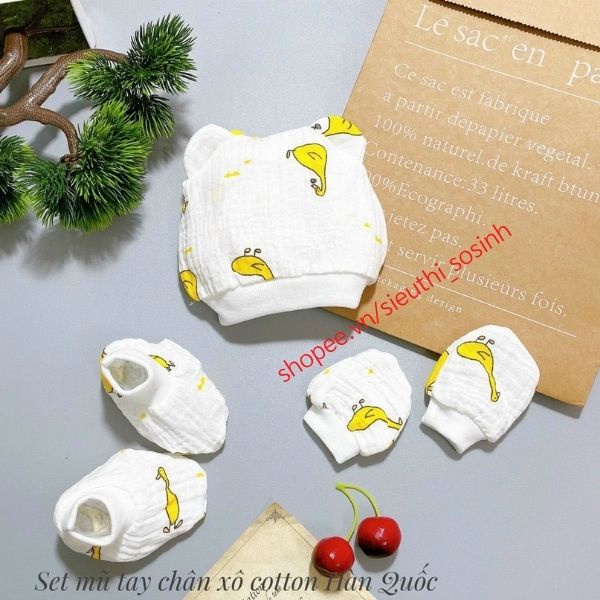 Set Bao Tay,Bao Chân, Mũ Chất Liệu Sợi Tre Mềm Mịn Cho Bé