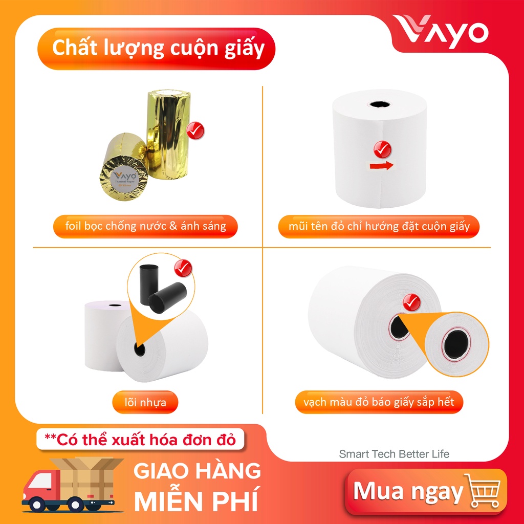 CUỘN LẺ Giấy in nhiệt K80, giấy in bill 80 x 45mm VAYO, lõi nhỏ siêu tiết kiệm, định lượng 65gsm
