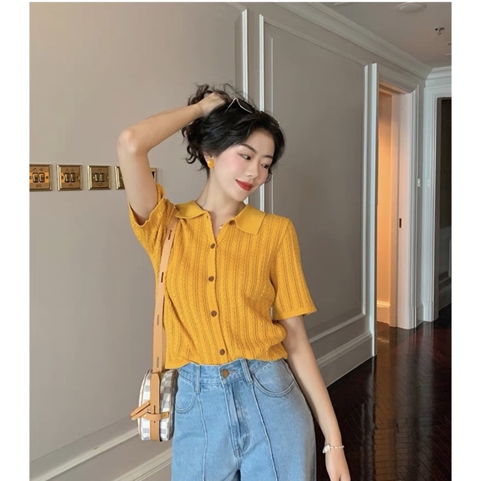 Áo len nữ dệt kim ngắn tay cổ polo cổ điển Doris phong cách Hàn Quốc màu vàng, xanh dương | BigBuy360 - bigbuy360.vn