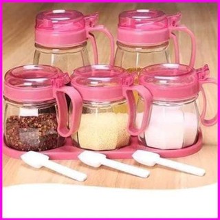 SET 5 Hộp/Hũ Đựng Gia Vị Bằng Thủy Tinh Quai Hồng Cao Cấp