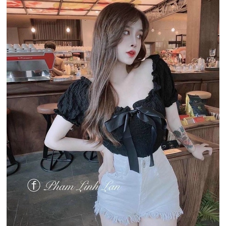 Áo bệt vai nơ sốp tay ngắn
