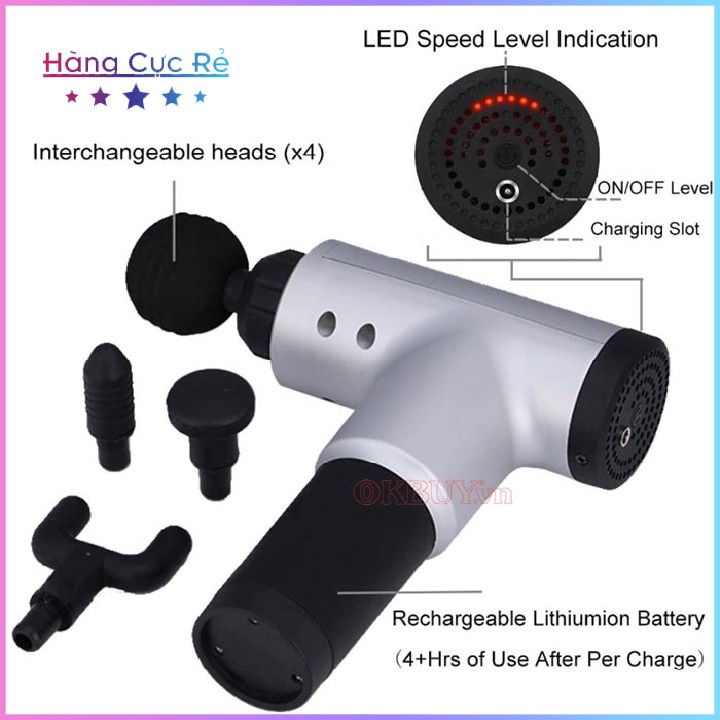 Máy massage cầm tay Fascial Gun Freeship Máy matxa giảm mỏi cơ có 5 chế độ, 4 đầu, 6 cường độ - Shop Hàng Cực Rẻ