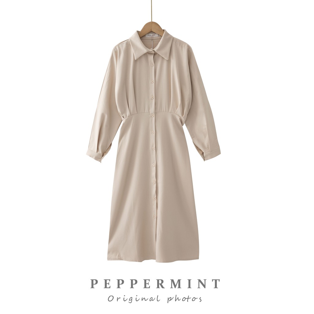 Đầm midi nữ Peppermint 39961 màu trơn tay phồng thanh lịch đáng yêu