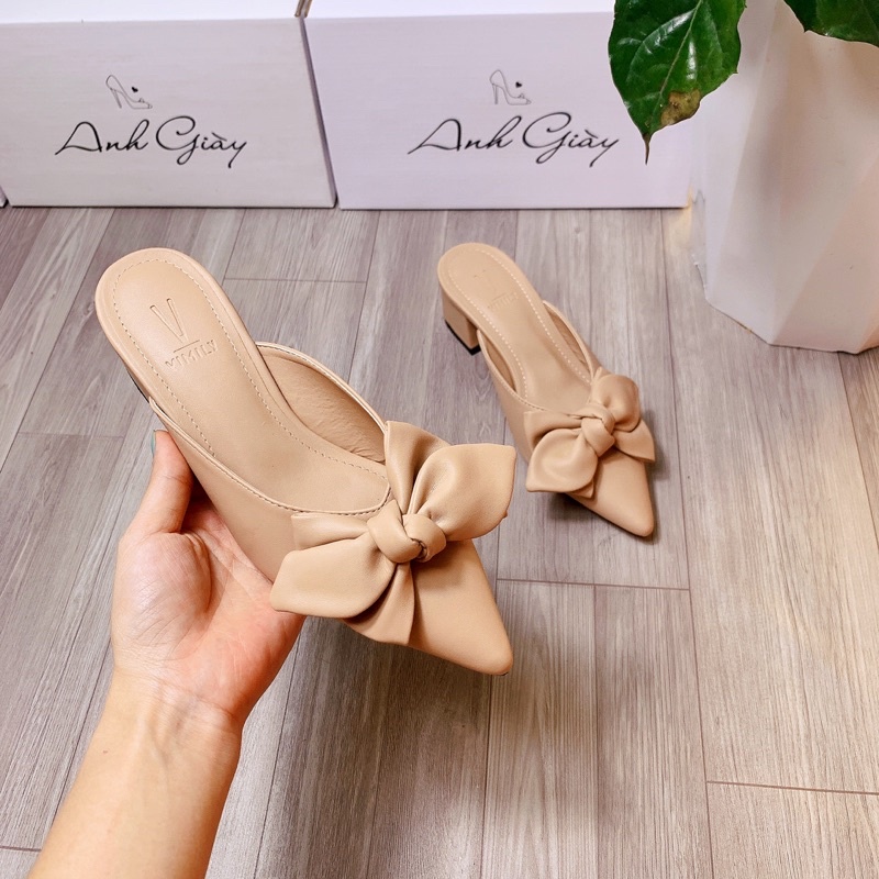 DL56 - Sục nữ mũi  nhọn da lì nơ gót vuông 4p VNXK cực xinh phù hợp đi học đi làm đi chơi du lịch