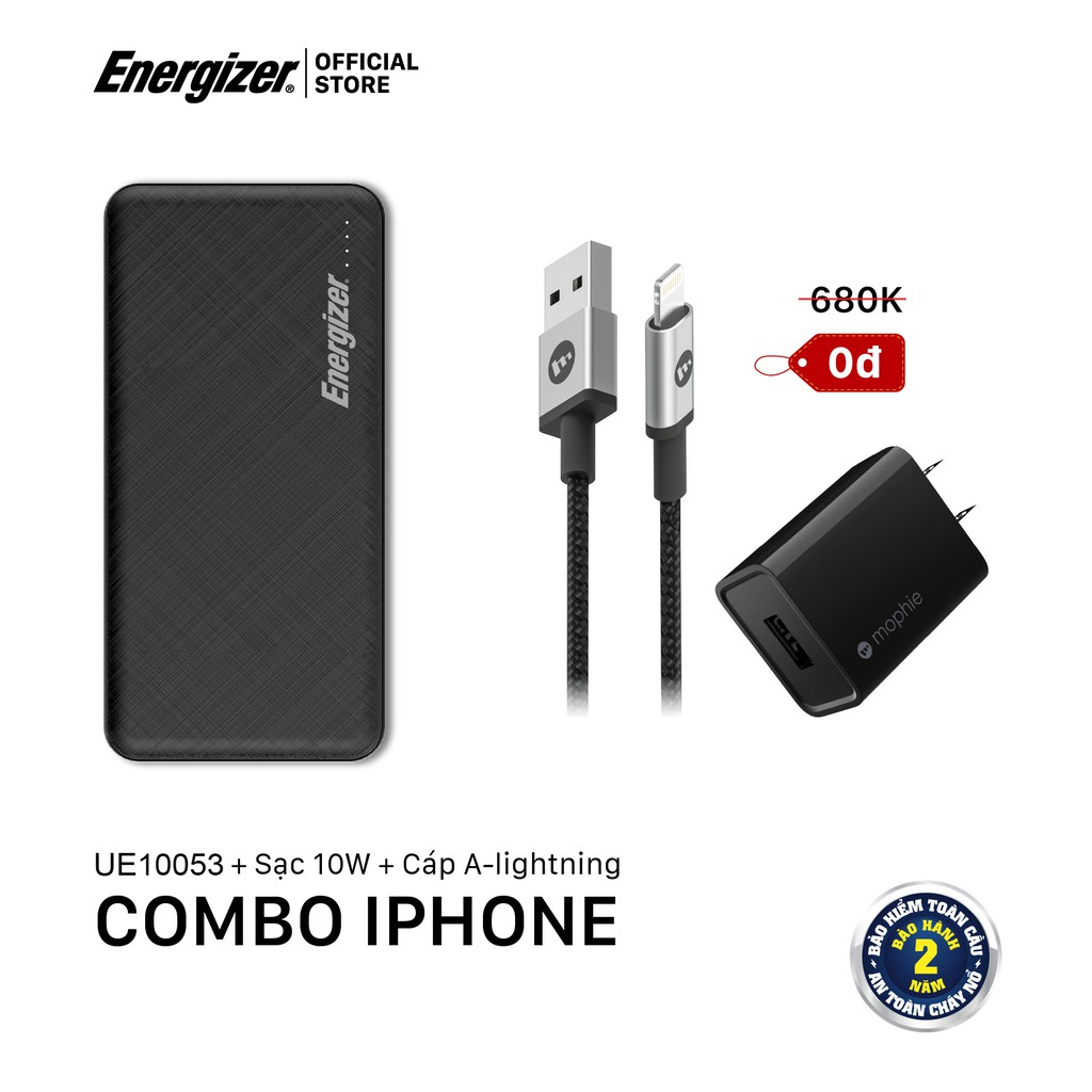 Combo sạc dự phòng Energizer 10,000mAh UE10053 - sạc Mophie 10W - cáp Mophie A to Lightning 1M - Hàng Chính Hãng