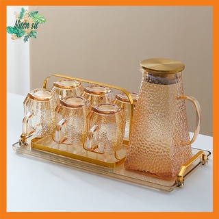 Bình nước thủy tinh, bộ bình nước loe sần 6 cốc kèm khay và giá úp - VS321