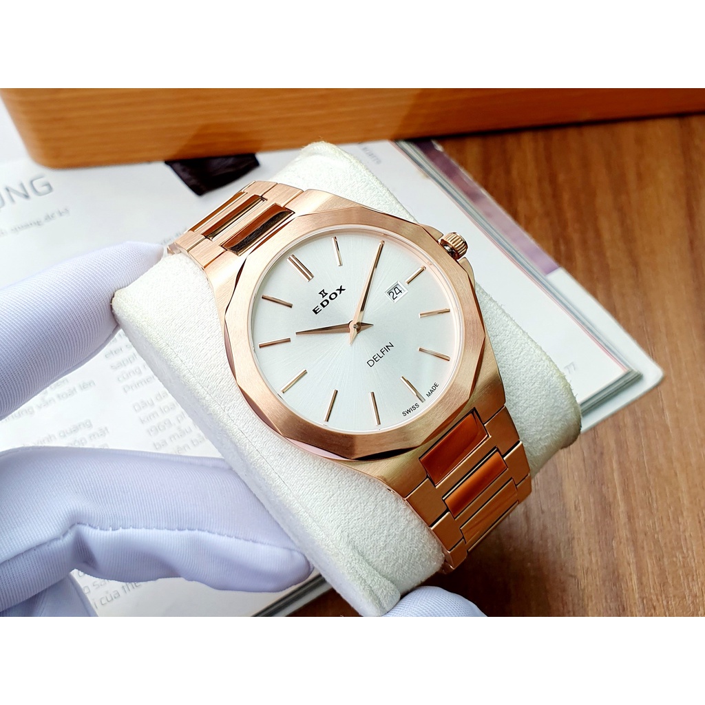 Đồng hồ nam chính hãng Edox Delfin Rose Gold Steel - Máy quartz pin - Kính Sapphire nguyên khối