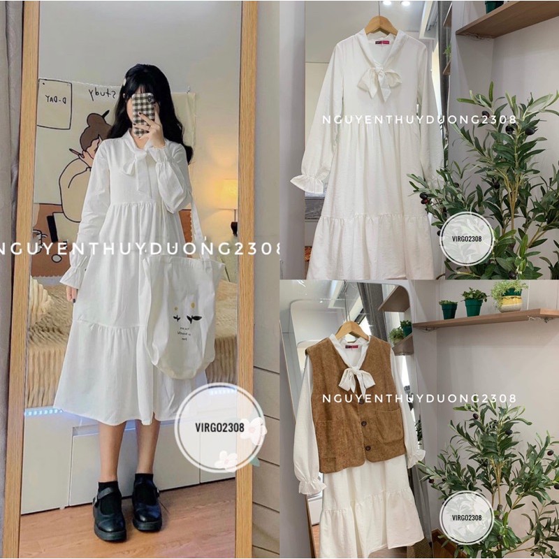 [Ảnh thật/Sẵn]Váy babydoll cổ nơ màu trắng/Váy babydoll nơ Ulzzang