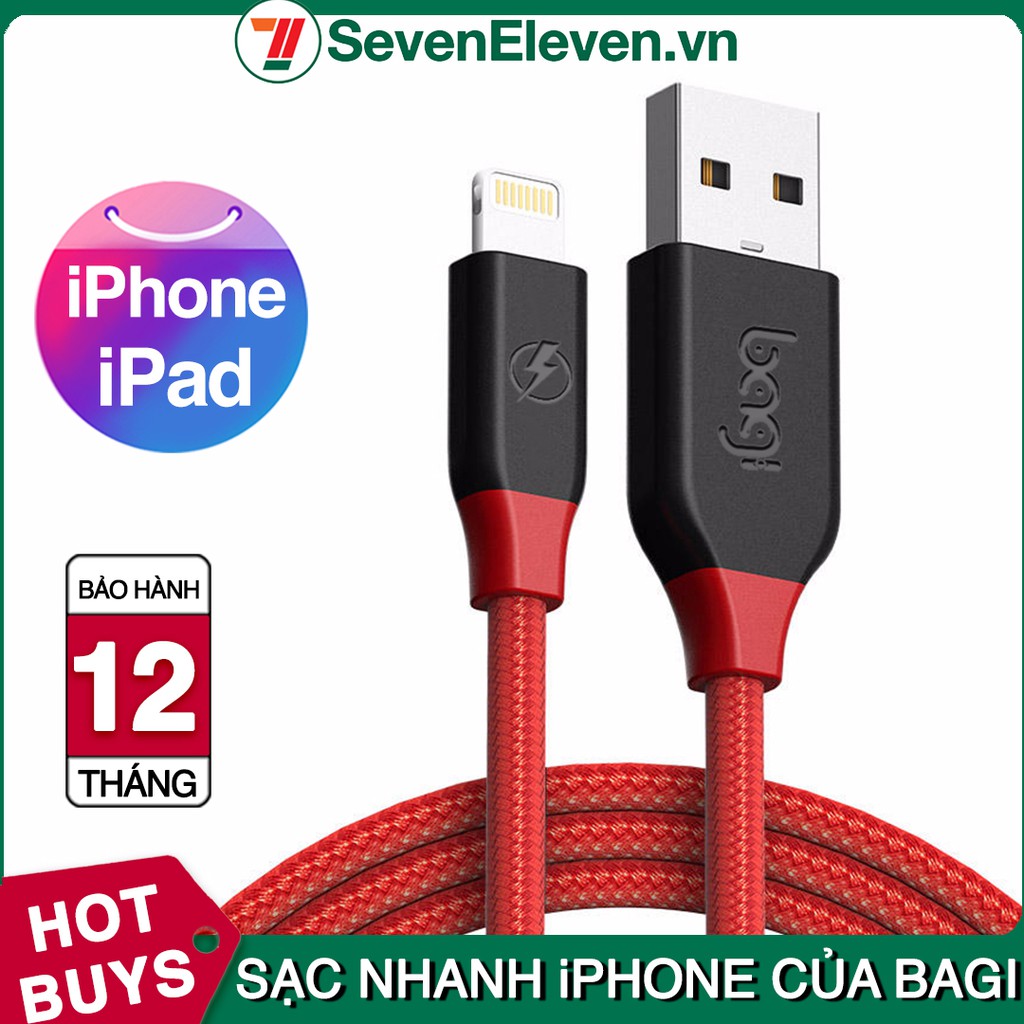 [Mã 2404EL10K giảm 10K đơn 20K] Dây sạc iPhone bọc dù chất lượng cao thương hiệu Bagi dài 1.5m màu đỏ - Made in Việt Nam