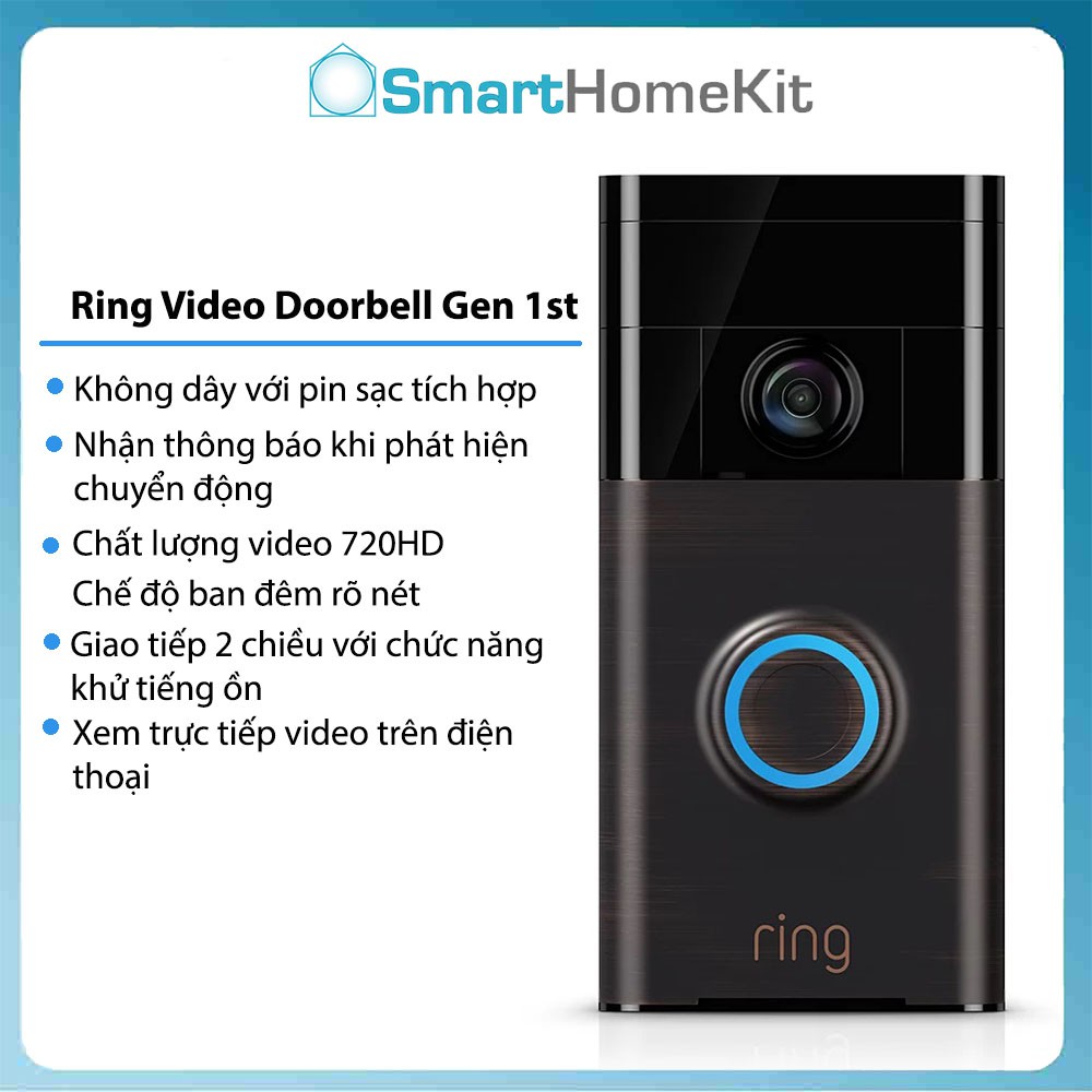 Chuông cửa thông minh Ring Video Doorbell (Gen 1) - chất lượng 720p, có pin sạc, best seller Mỹ