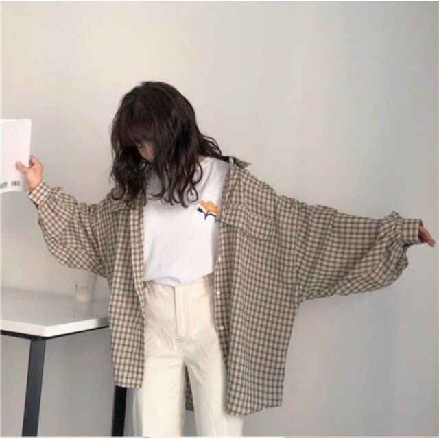 Áo sơ mi kẻ Unisex phom rộng (có video)