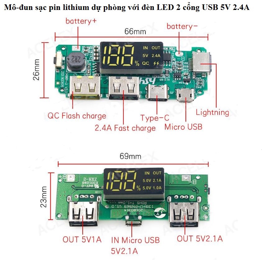 Mô-đun sạc pin lithium dự phòng với đèn LED 2 cổng USB 5V 2.4A 2A 1A Micro / Type-C