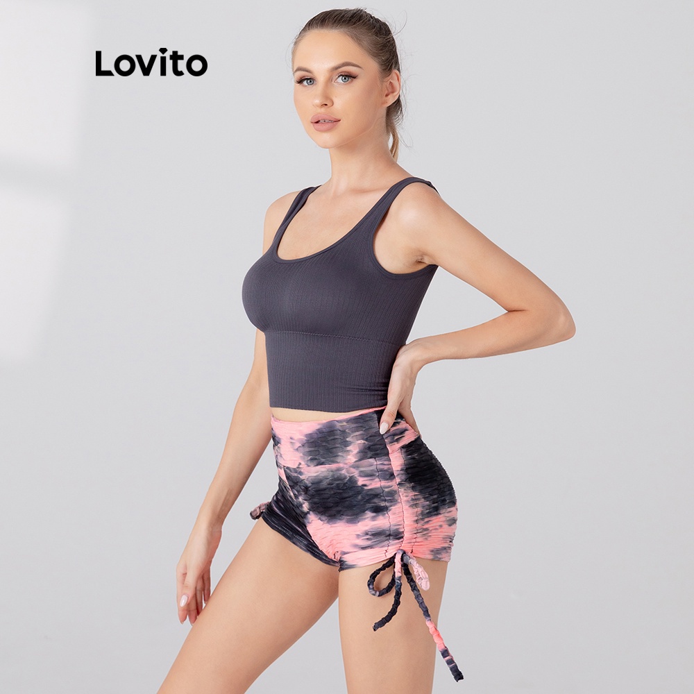 Áo bra thể thao Lovito dáng dài cổ vuông thiết kế đệm ngực có thể tháo rời L05275 (Xám đậm/Đen) - Hàng mới về