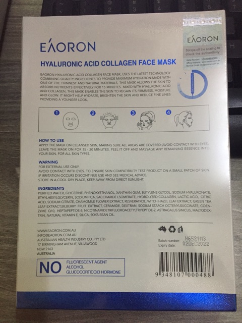 Eaoron 25ml- Úc EAORON MASK Mặt nạ 5 miếng dưỡng trắng da Eaoron 25ml- Úc