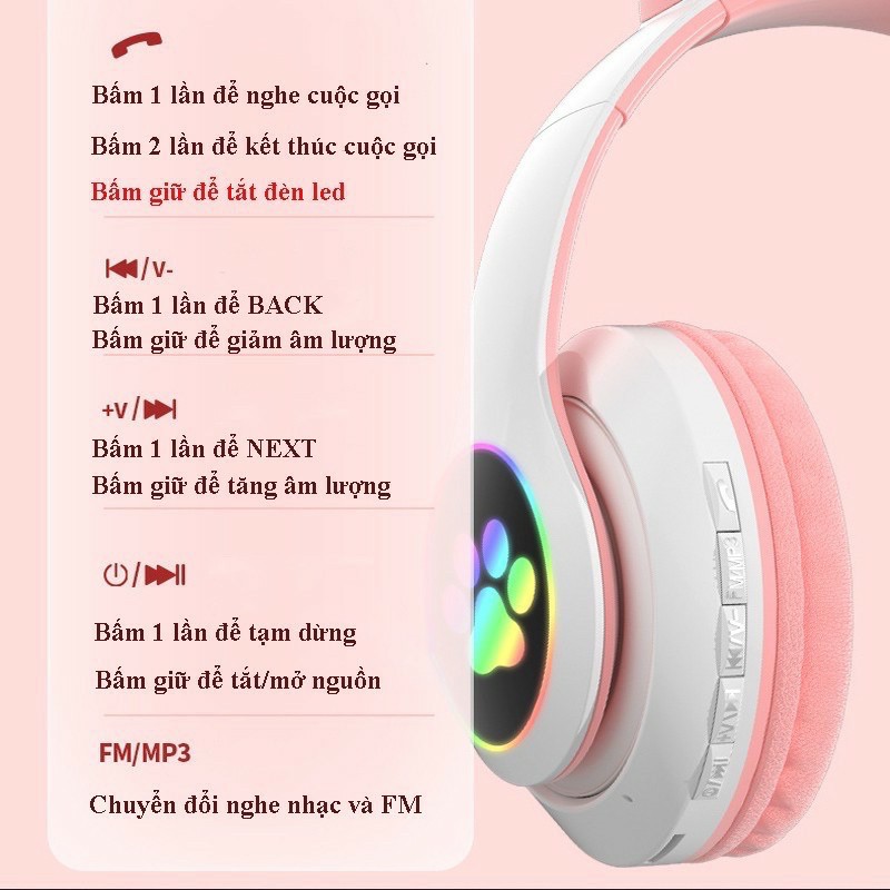 Tai Nghe Mèo Kết Nối Bluetooth Chụp Tai HP000028 Headphone Tai Mèo Dễ Thương Có Mic Âm Bass Mạnh Mẽ Bảo Hành Đi