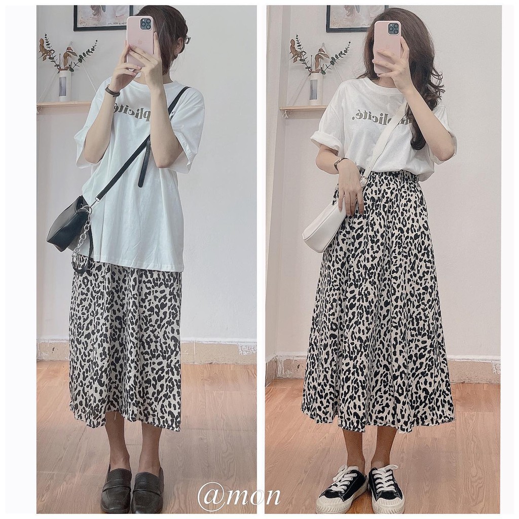 2101397 Chân váy midi nữ dáng xòe ulzzang họa tiết da báo freesize màu be đen xinh xắn | BigBuy360 - bigbuy360.vn