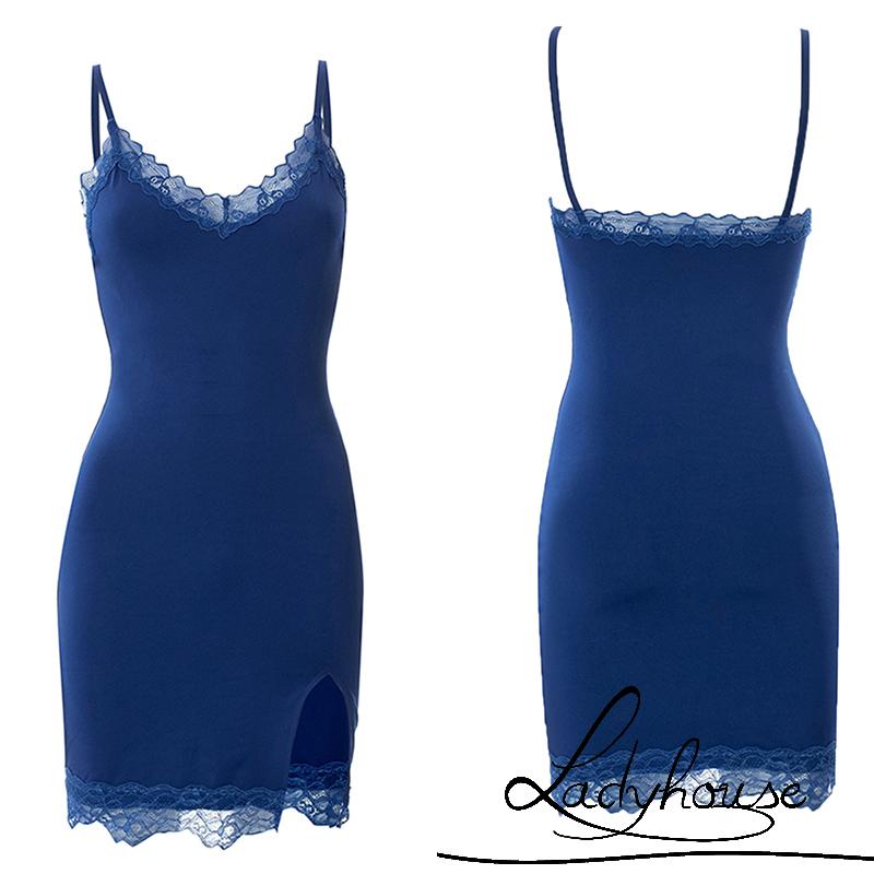 LD-Women’s Sexy Suspender Short Dress Fashion Solid Color V-neck Lace Trim Slit Skinny Dress