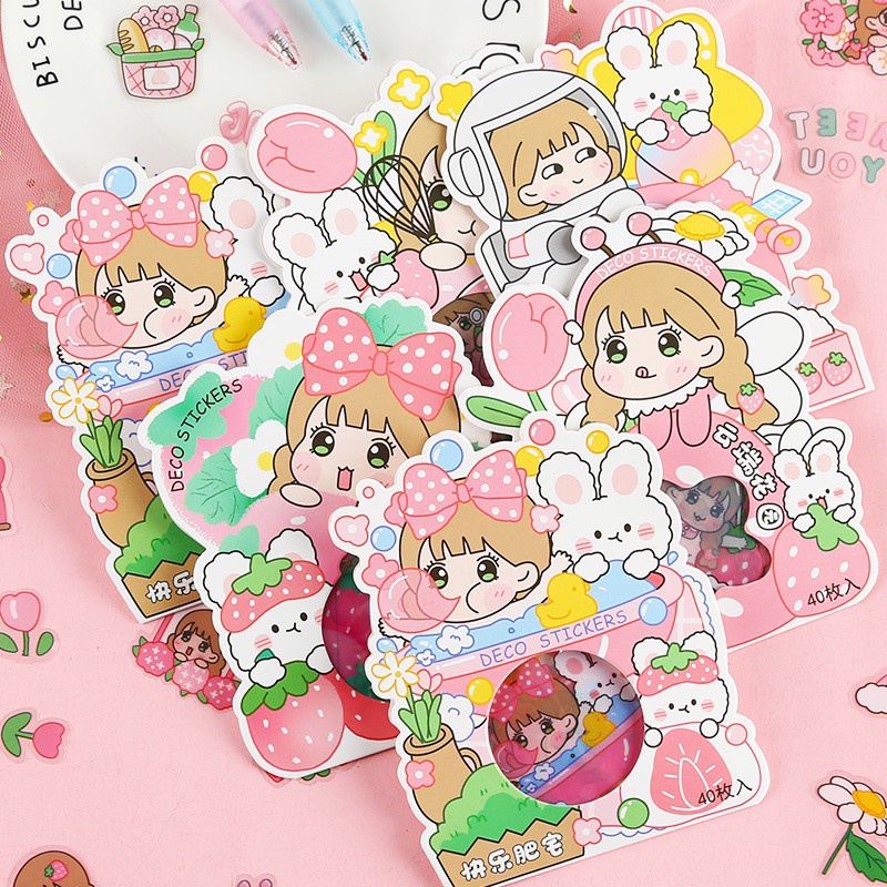 Enjoymore 🍭 40 Miếng Sticker PVC Chống Thấm Nước Cute Rabit Girl Hoạt Hình Dễ Thương Miếng Nhãn Dán Cô Gái