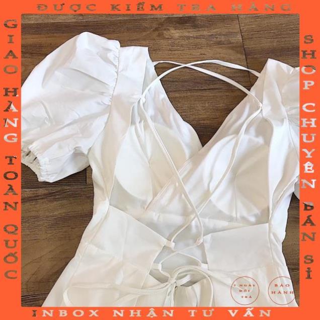Đầm Trắng Ruen Dress váy xinh dự tiệc from chuẩn xếp li chéo trước ngực cổ V hở lưng đan dây chéo có mút ngực luongphon