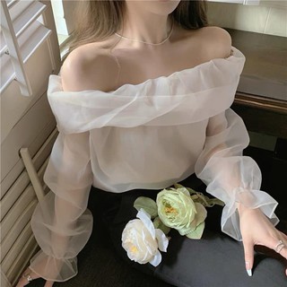 Áo trễ vai tiểu thư, áo voan dài tay phong cách hàn quốc