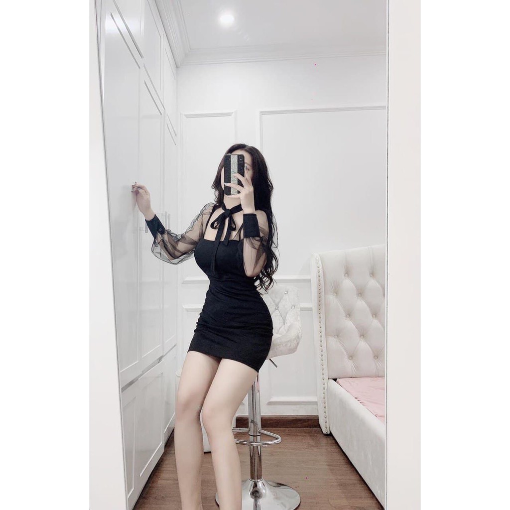 [TH01] Đầm Thun Body Tay Dài Phối Lưới Cổ Thắt Nơ Vải Dày Xịn, 3 Màu Trắng - Đen - Nude - HÌNH THẬT