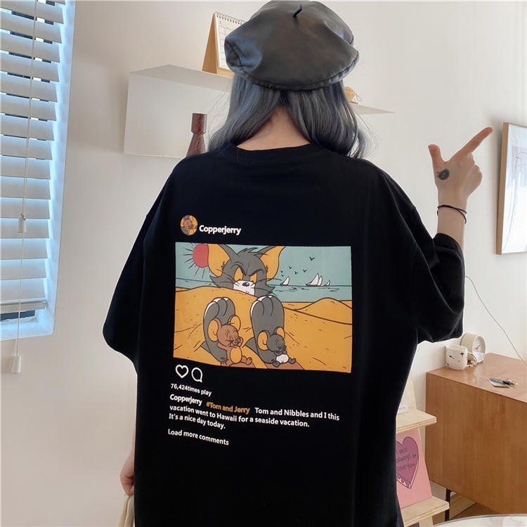 Áo Thun Nữ Tay Ngắn Dáng Rộng In Hình Phong Cách Hàn Quốc Thời Trang Năng Động