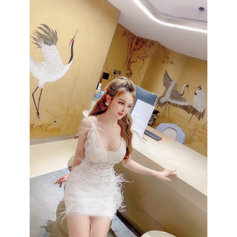 Đầm body dự tiệc kết cườm phối lông công TRIPBLE T DRESS - size M/L - MS319V